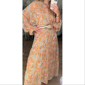 Light Blue and Orange/Yellow Floral Ankle Length Dress